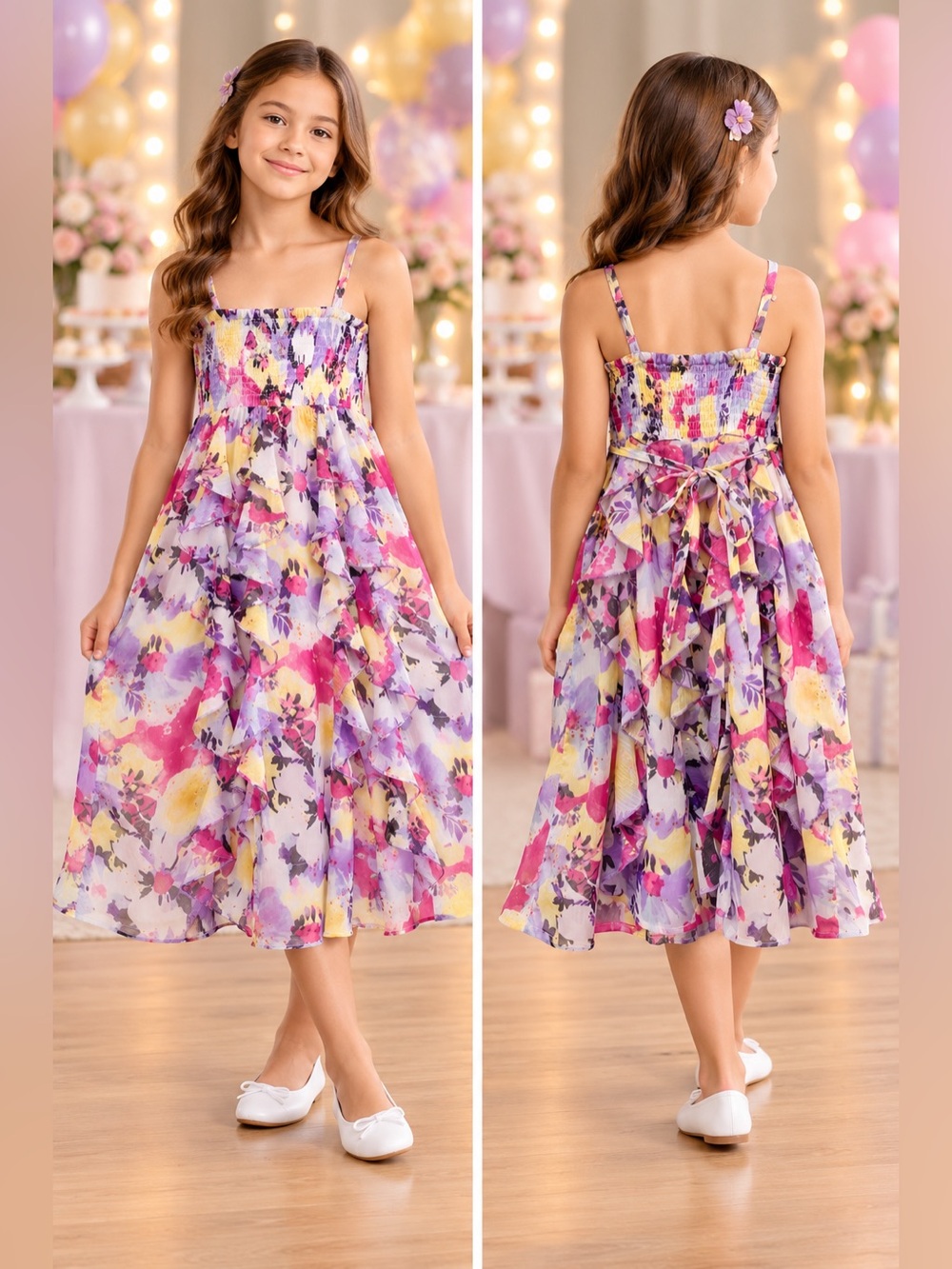Justice Floral Smocked & Ruffles Dress in Pink, Purple & Yellow Girls Size 10